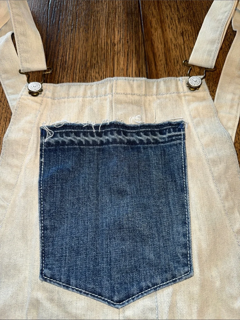 True Religion Two-Tone White Beige and Dark Blue Denim Short Overalls